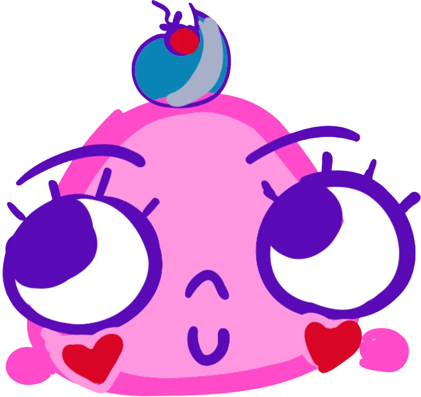 Bucle, a round pink character with big purple eyes