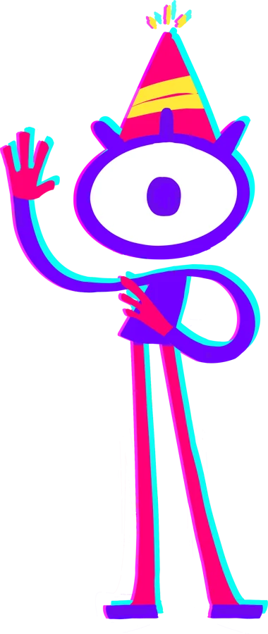 FilosoFín, a one-eyed character in a party hat, waving